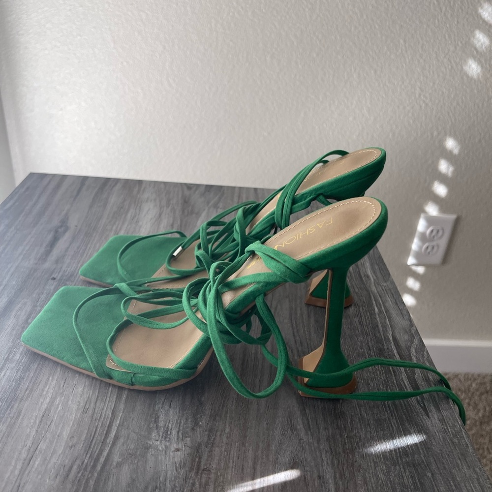 green lace up heels
